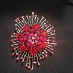 WD signed red ruby AB rhinestone and gun metal brooch
